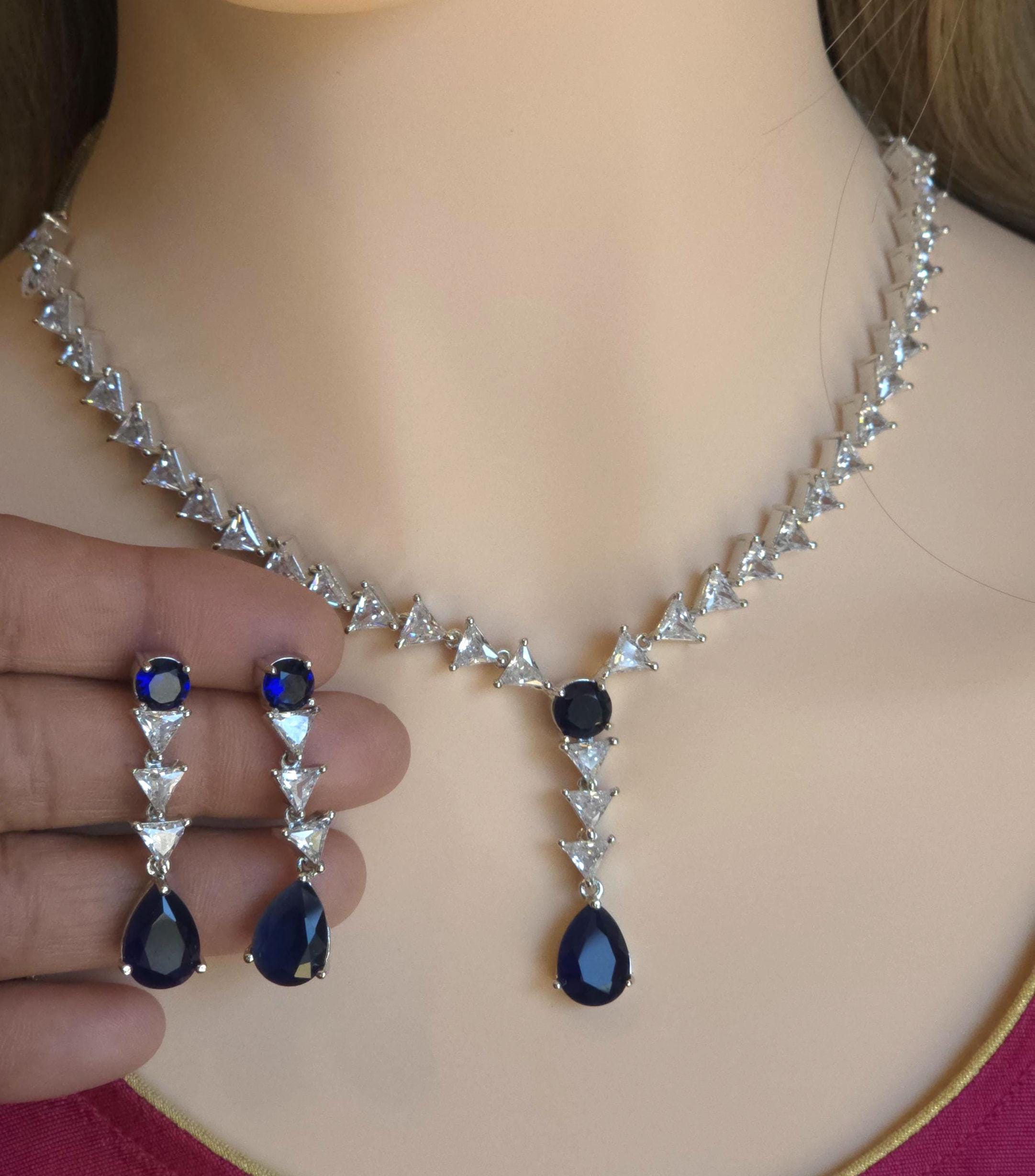 Navy Blue CZ Y-Drop Lariat Necklace Set Indian Wedding Jewelry Layla
