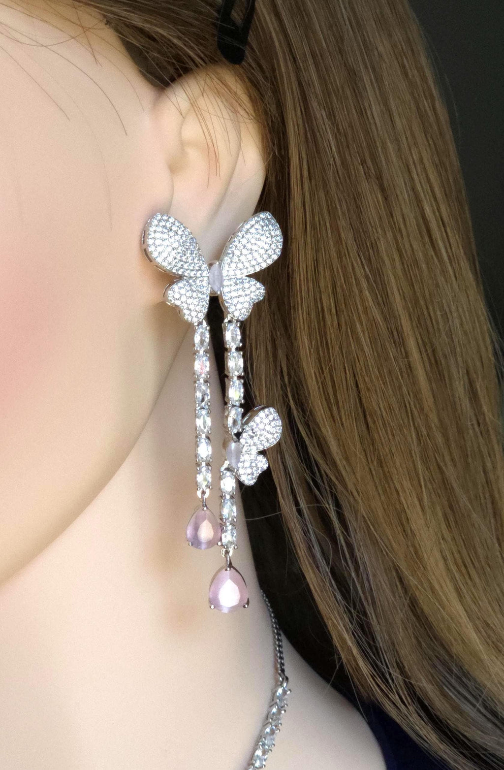 Pink Butterfly CZ Y-Necklace Set Drop Statement Jewelry Pari
