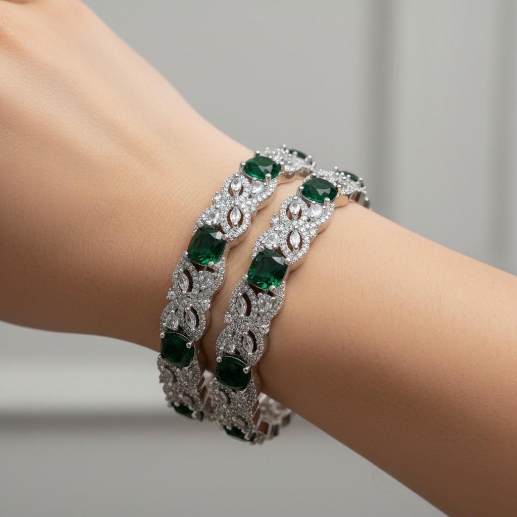 Green Floral AD Bangle Set, Emerald Stone Bracelet, Elegant Wedding Bangles for Festive & Bridesmaid Wear