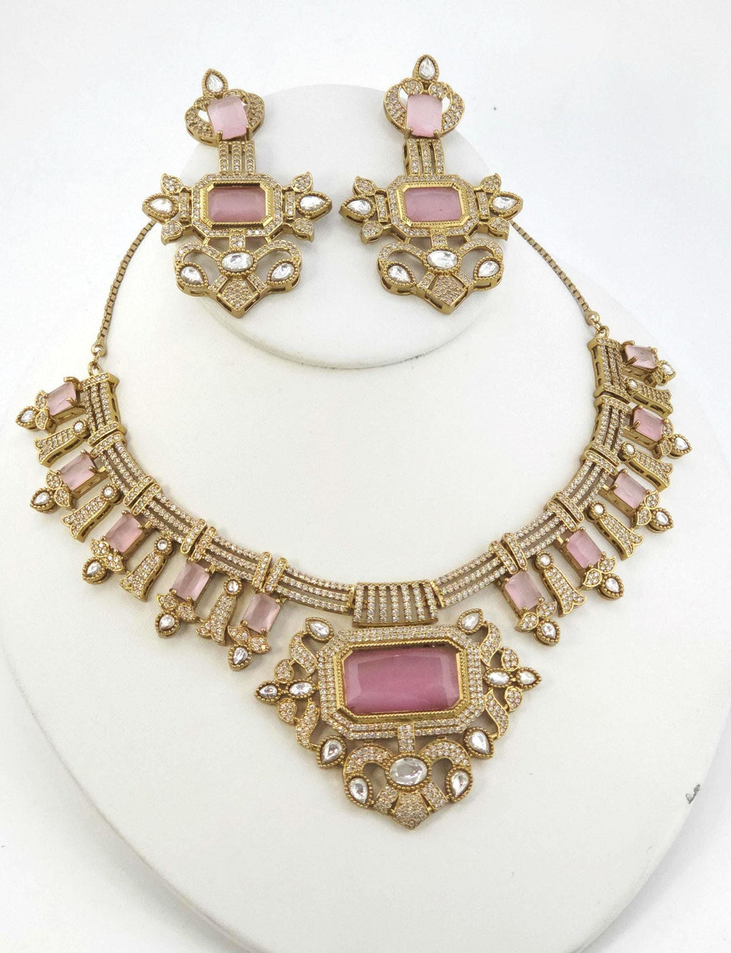 Pink Moissanite Bridal Necklace Set, Indian Wedding Jewelry, Statement Lehenga Necklace, Pakistani Nikkah Reception Jewelry