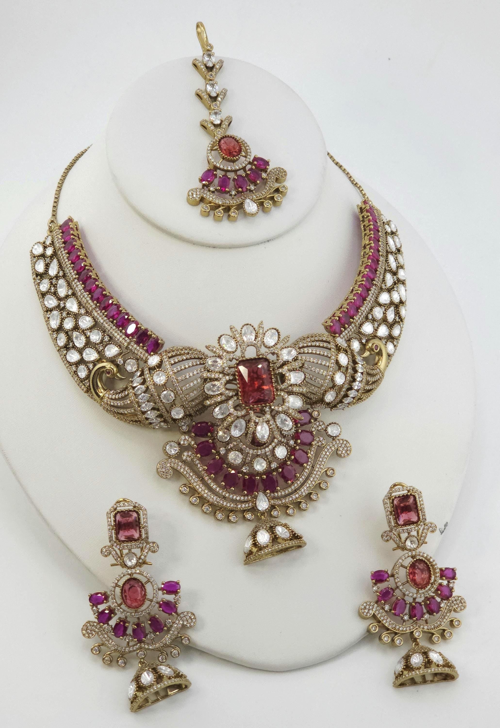 Red Green Kundan Bridal Necklace Set, Indian Wedding Jewelry, Statement Lehenga Set, Pakistani Nikkah Reception Jewelry with Maang Tikka