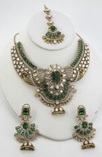 Red Green Kundan Bridal Necklace Set, Indian Wedding Jewelry, Statement Lehenga Set, Pakistani Nikkah Reception Jewelry with Maang Tikka