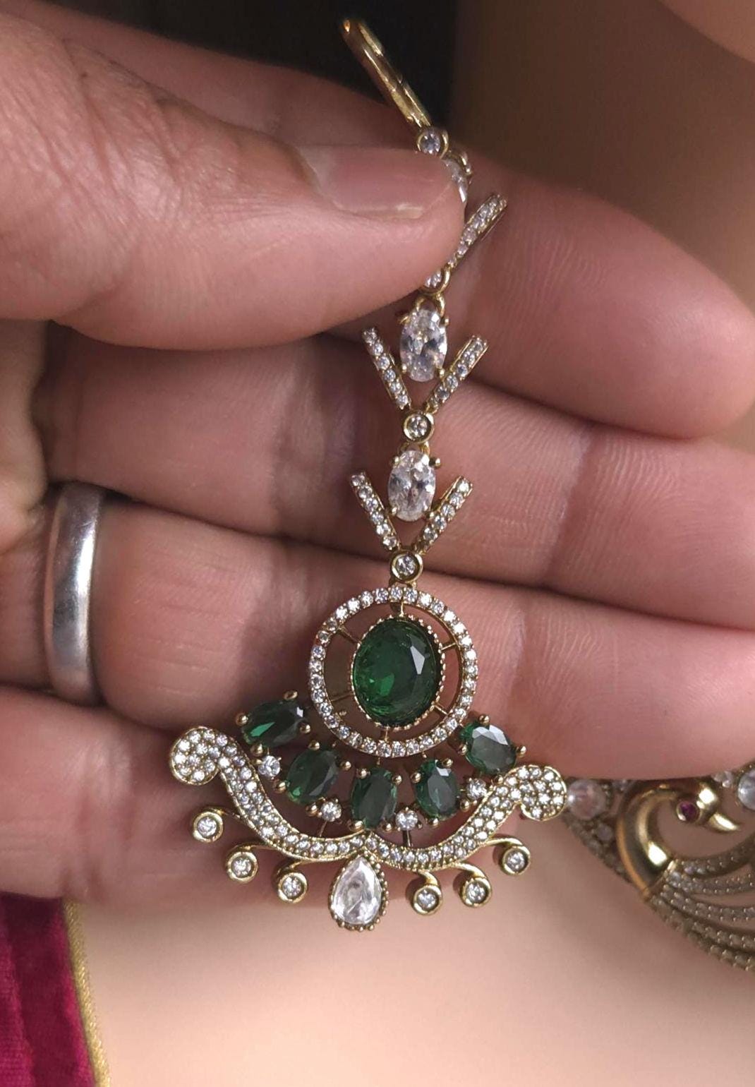 Red Green Kundan Bridal Necklace Set, Indian Wedding Jewelry, Statement Lehenga Set, Pakistani Nikkah Reception Jewelry with Maang Tikka