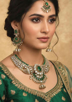Red Green Kundan Bridal Necklace Set, Indian Wedding Jewelry, Statement Lehenga Set, Pakistani Nikkah Reception Jewelry with Maang Tikka