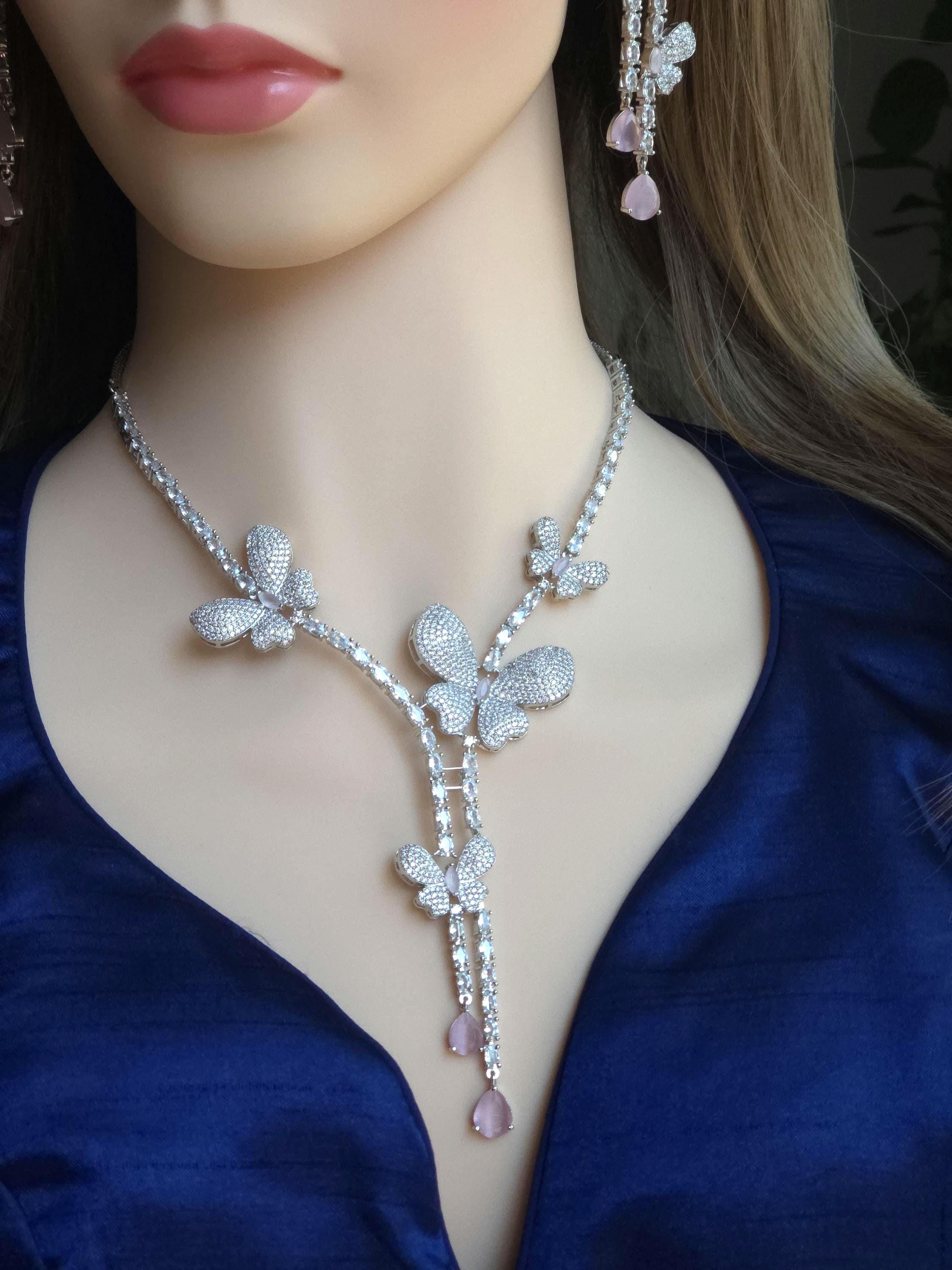 Pink Butterfly CZ Y-Necklace Set Drop Statement Jewelry Pari