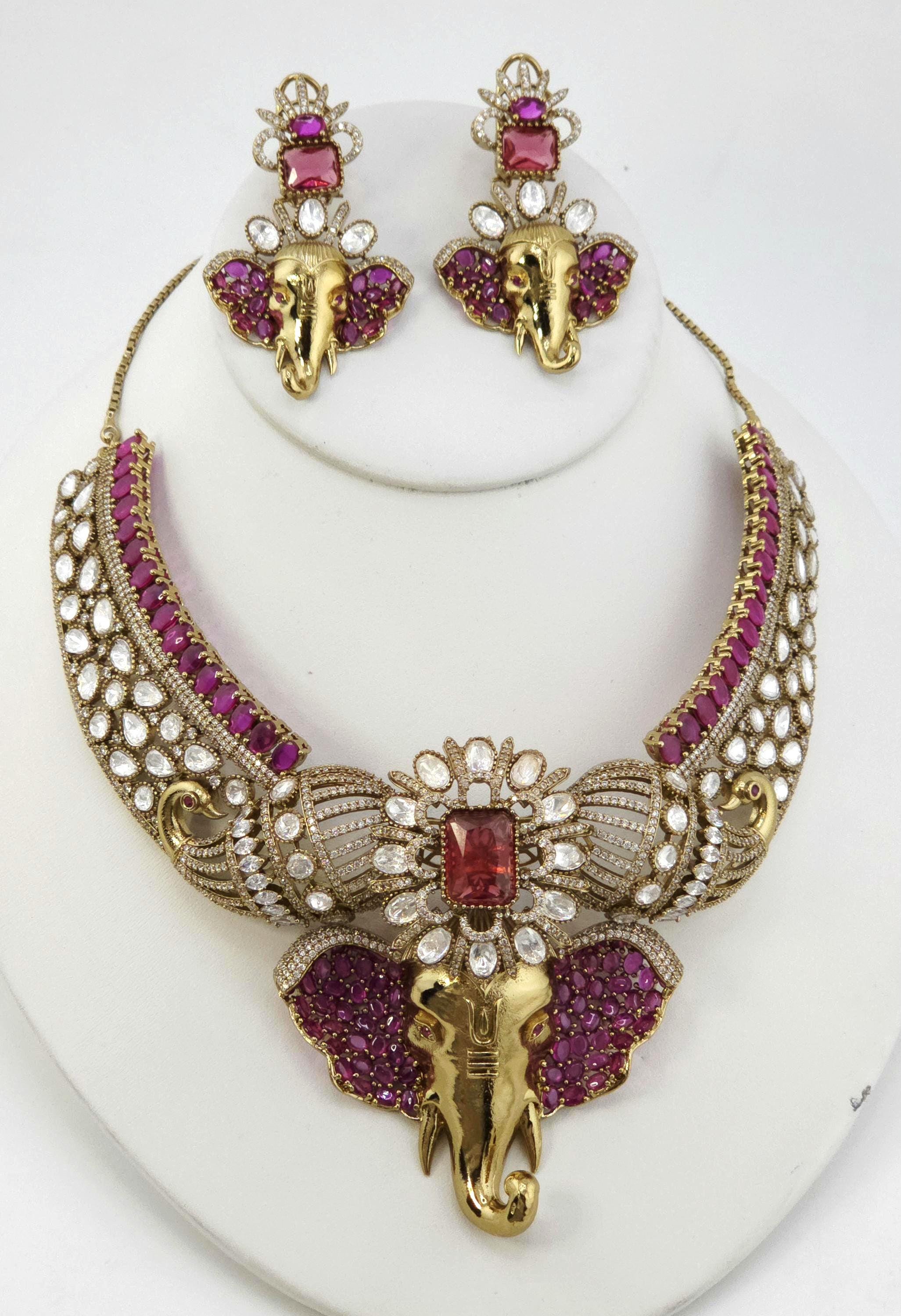 Ganpati Moissanite Kundan Necklace Set, Indian Temple Jewelry, Bridal Wedding Jewelry, Diwali Festive Gift Statement Pendant set Maang Tikka