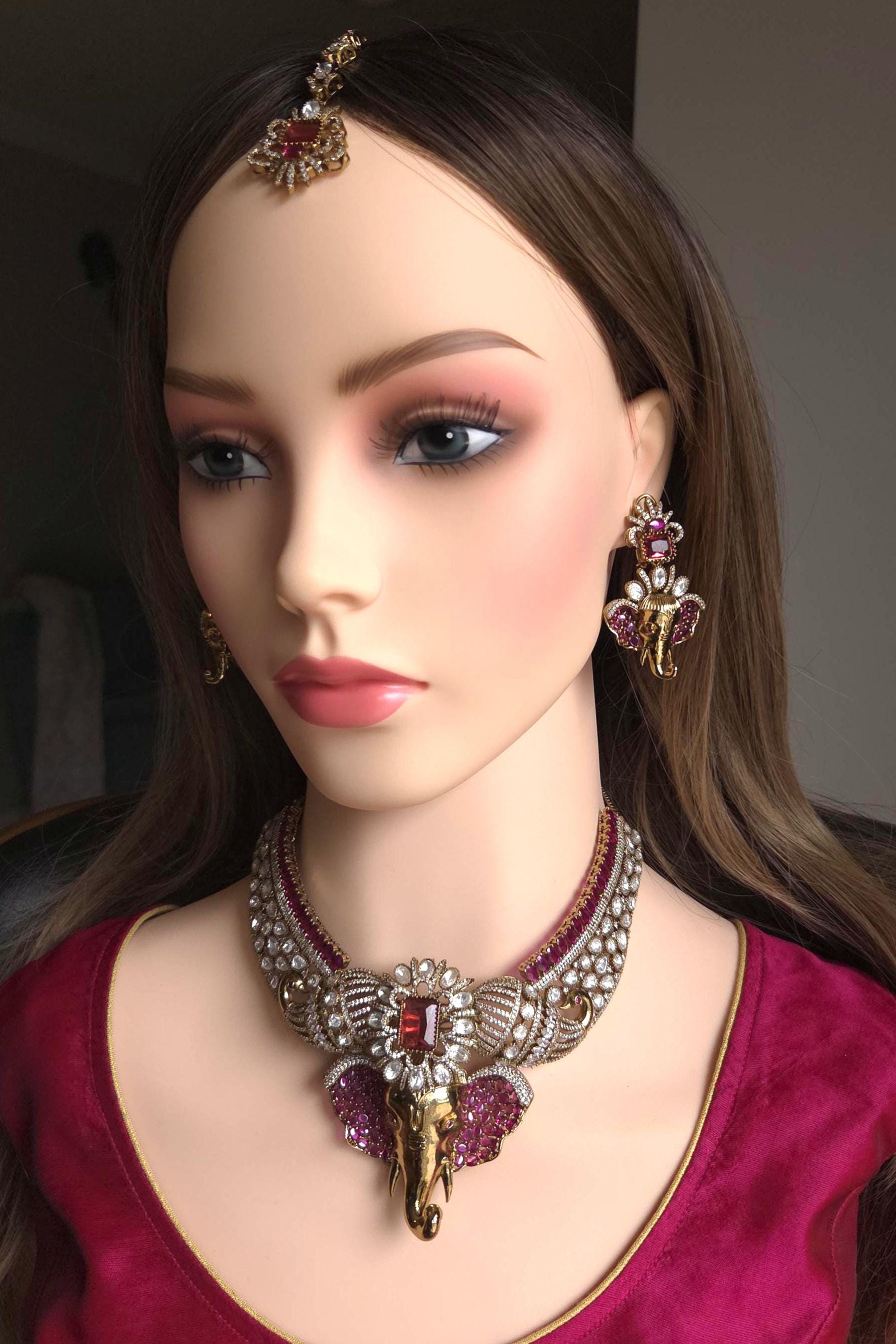 Ganpati Moissanite Kundan Necklace Set, Indian Temple Jewelry, Bridal Wedding Jewelry, Diwali Festive Gift Statement Pendant set Maang Tikka