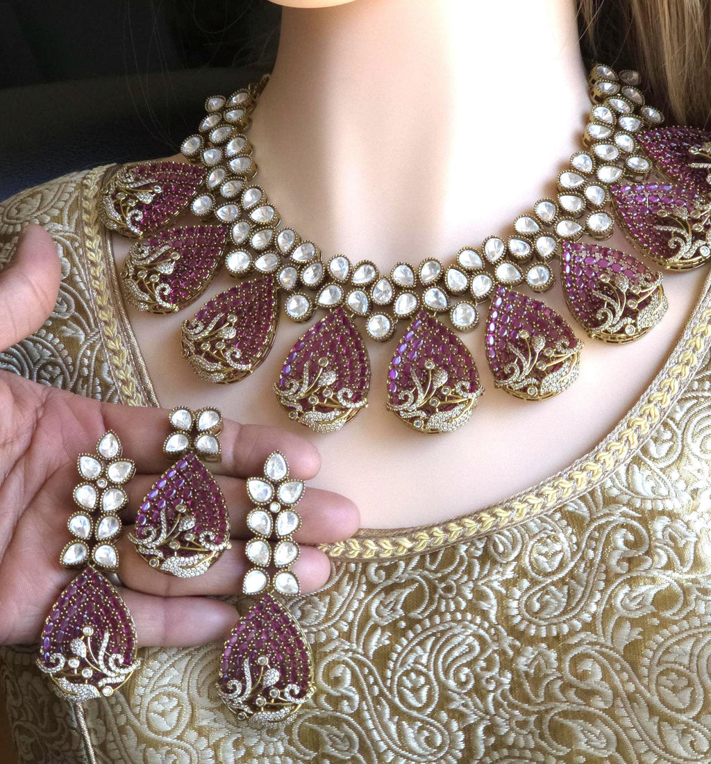 Magenta CZ Polki Bridal Choker Necklace Set, Indian Wedding Jewelry, Statement Bridal Jewelry, Reception Sangeet Mehndi Set Maang Tikka