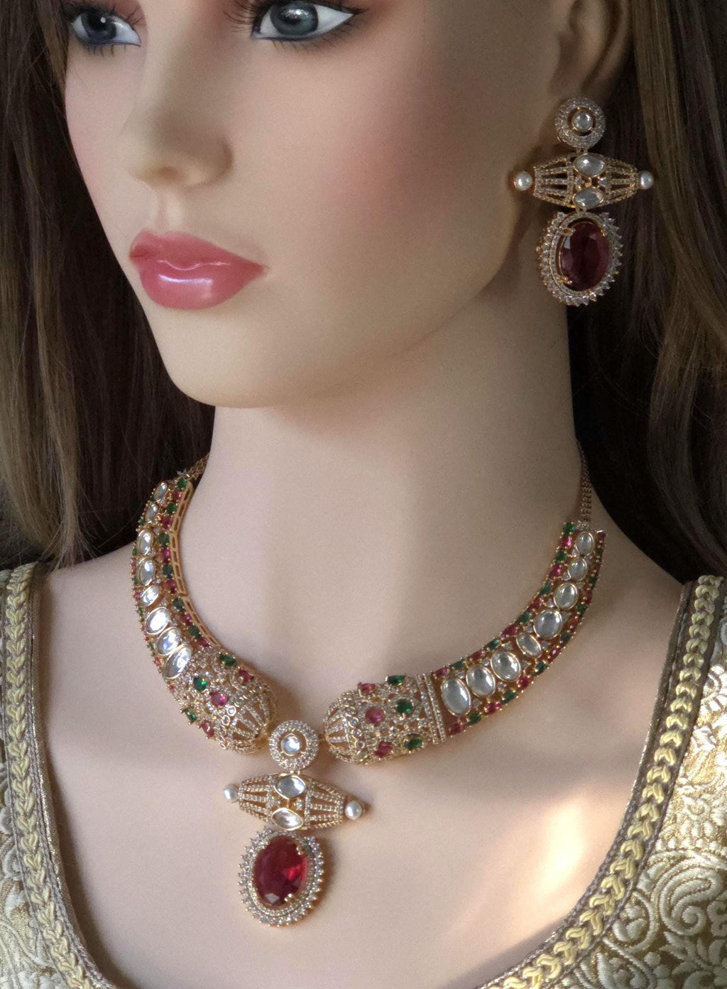 Red Moissanite Kundan Bridal Necklace Set, Indian Wedding Jewelry, Statement Lehenga Necklace, Pakistani Nikkah Reception Jewelry