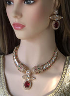 Red Moissanite Kundan Bridal Necklace Set, Indian Wedding Jewelry, Statement Lehenga Necklace, Pakistani Nikkah Reception Jewelry