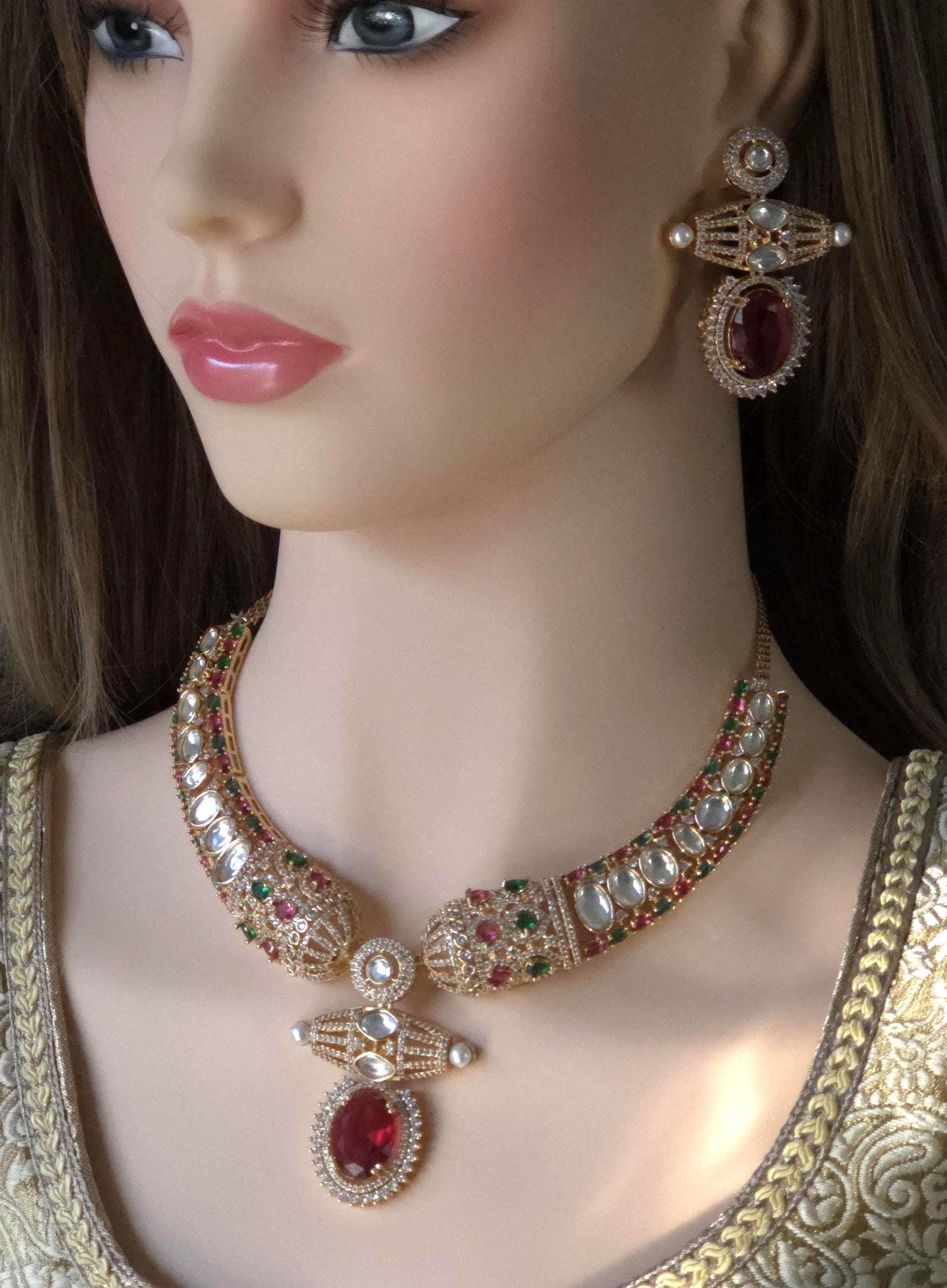 Red Moissanite Kundan Bridal Necklace Set, Indian Wedding Jewelry, Statement Lehenga Necklace, Pakistani Nikkah Reception Jewelry