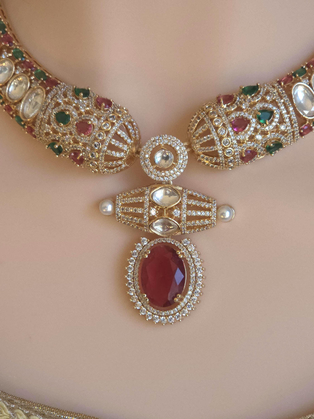 Red Moissanite Kundan Bridal Necklace Set, Indian Wedding Jewelry, Statement Lehenga Necklace, Pakistani Nikkah Reception Jewelry