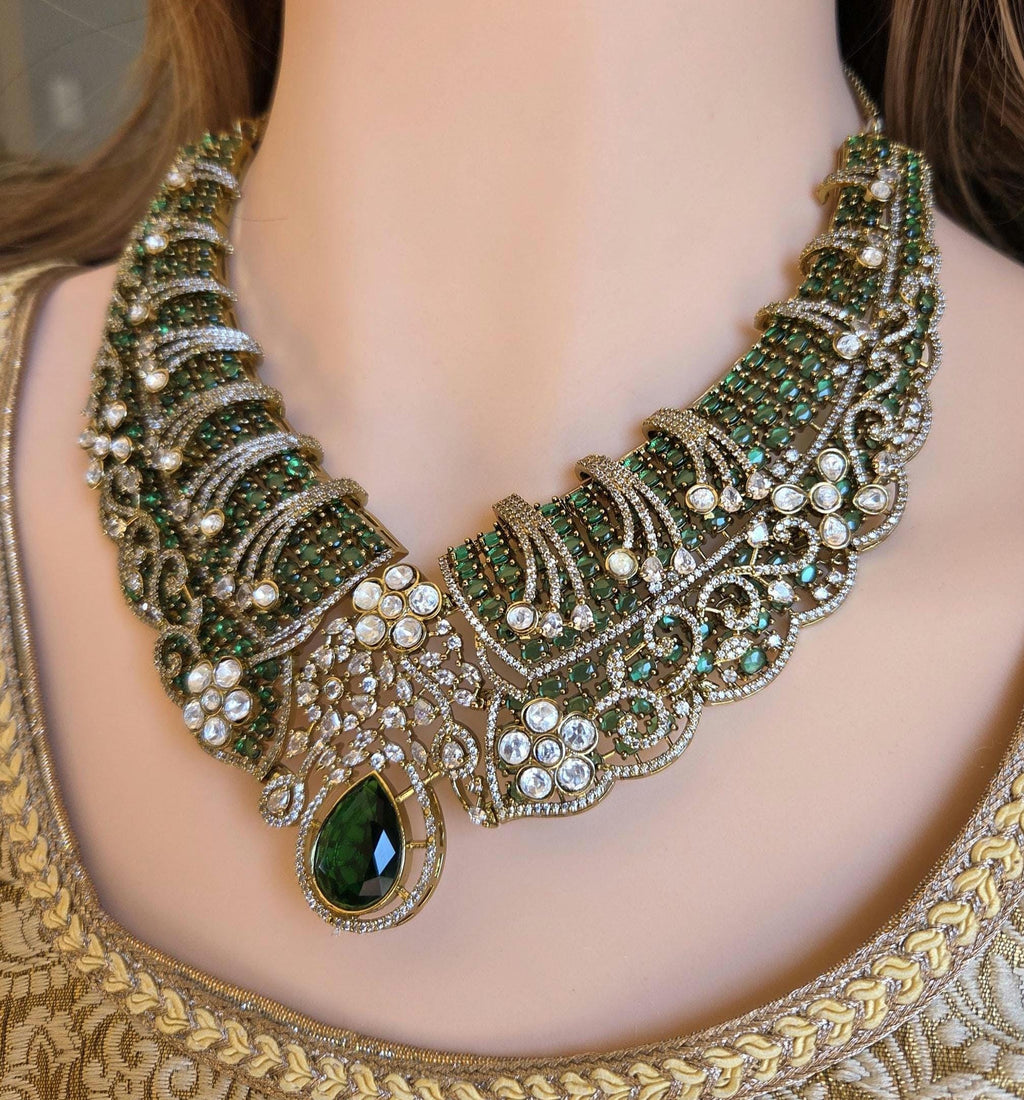 Emerald Green Kundan Bridal Choker Set, Indian Wedding Jewelry, Statement Lehenga Necklace, Pakistani Nikkah Reception Set