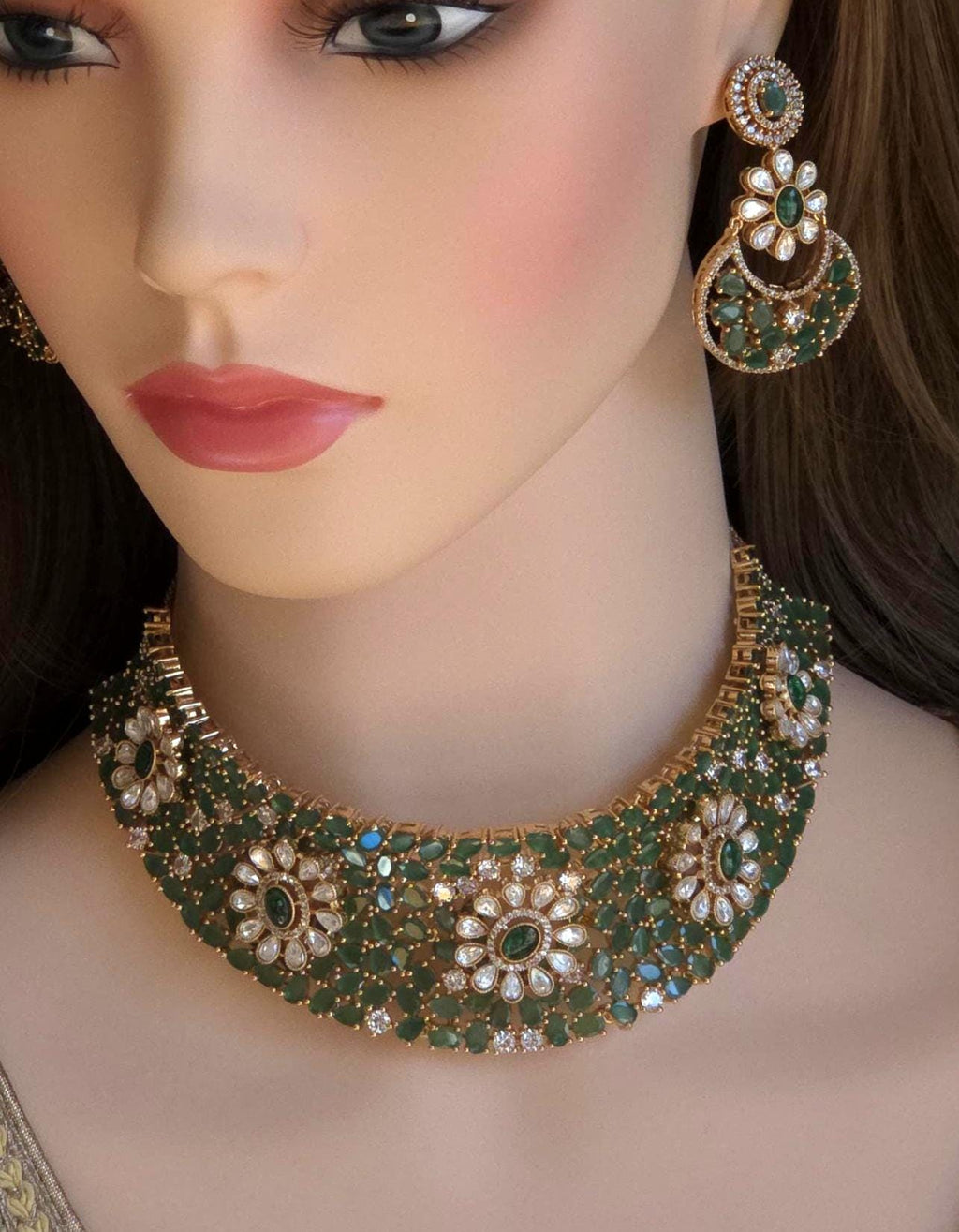 Green Floral Kundan Bridal Choker Set, Indian Wedding Jewelry, Pakistani Bridal Necklace, Maang Tikka Reception Set