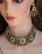 Green Floral Kundan Bridal Choker Set, Indian Wedding Jewelry, Pakistani Bridal Necklace, Maang Tikka Reception Set