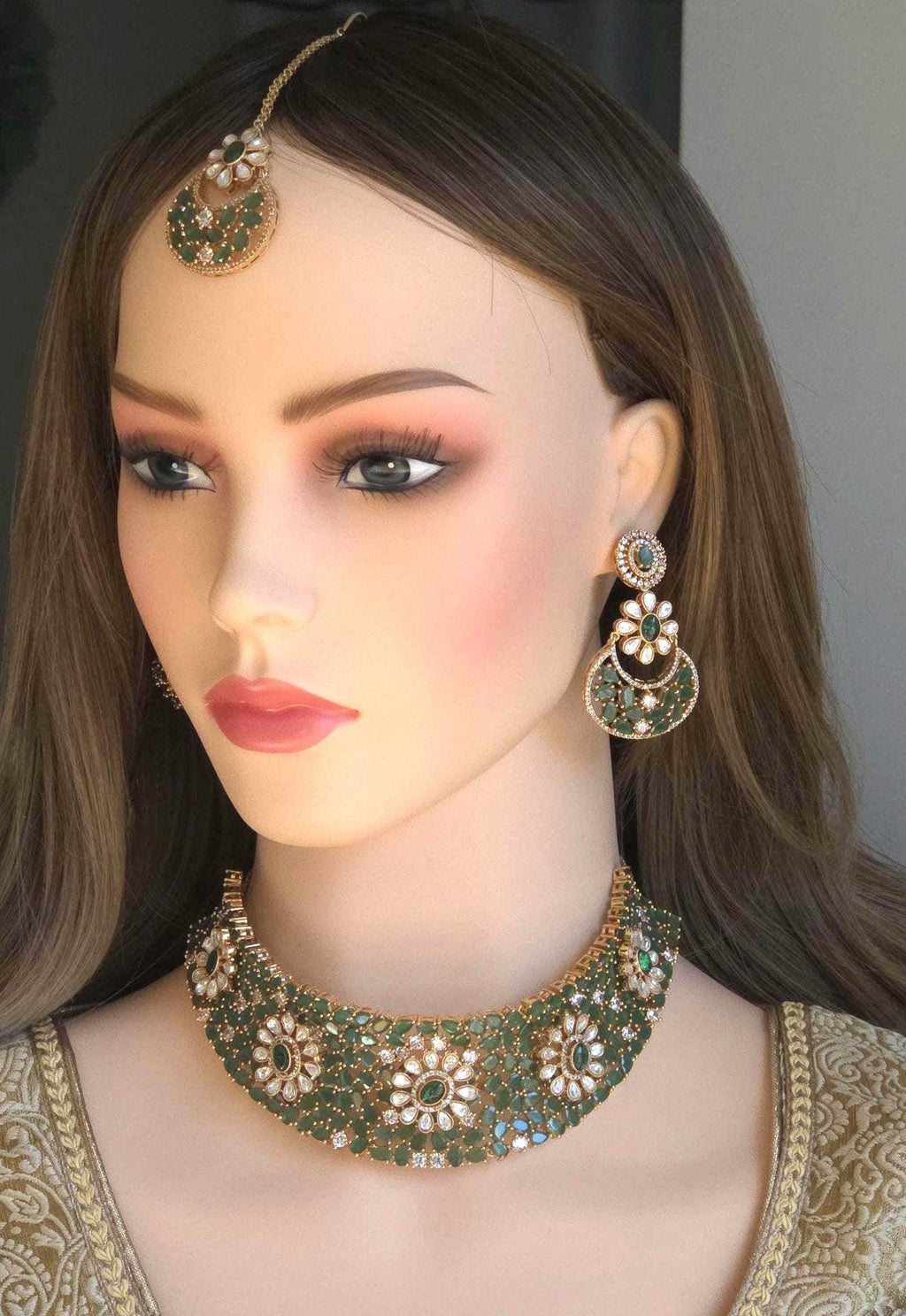 Green Floral Kundan Bridal Choker Set, Indian Wedding Jewelry, Pakistani Bridal Necklace, Maang Tikka Reception Set