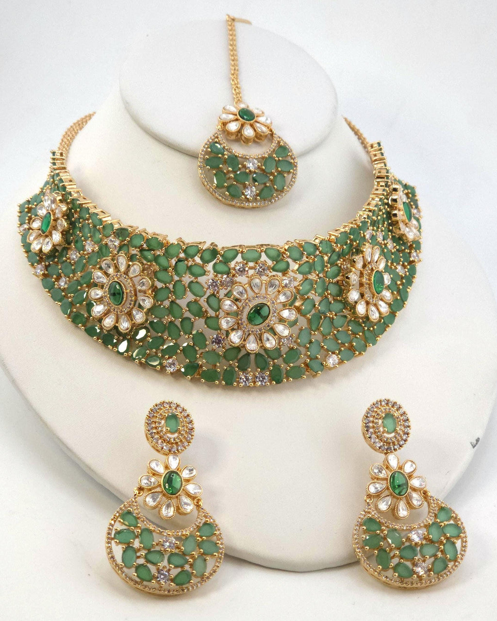 Green Floral Kundan Bridal Choker Set, Indian Wedding Jewelry, Pakistani Bridal Necklace, Maang Tikka Reception Set