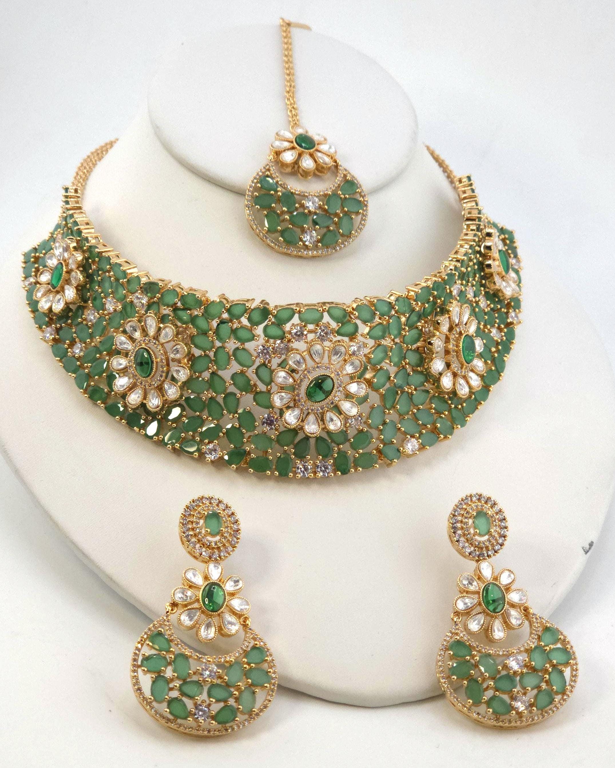 Green Floral Kundan Bridal Choker Set, Indian Wedding Jewelry, Pakistani Bridal Necklace, Maang Tikka Reception Set
