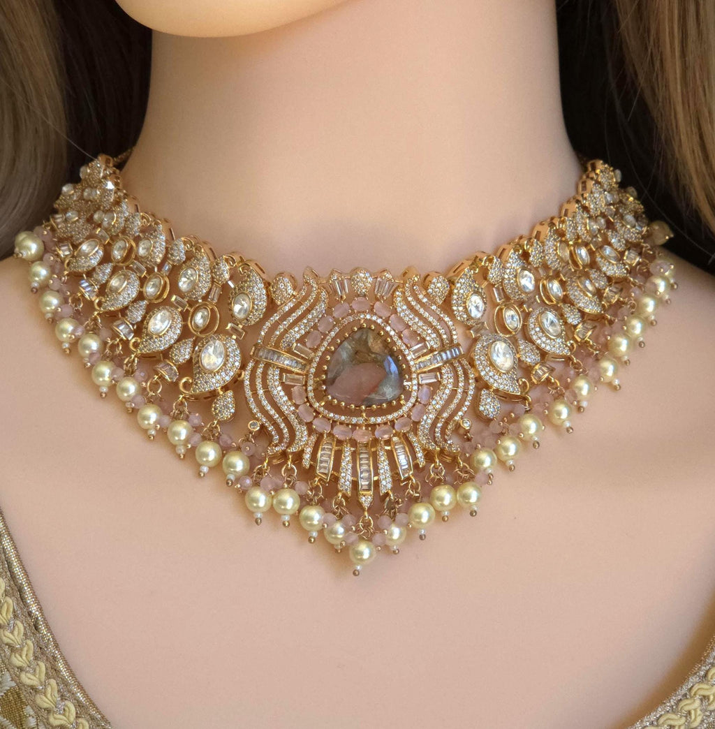 Peach Kundan Polki Bridal Choker Set, Indian Wedding Jewelry, Statement Lehenga Necklace, Pakistani Nikkah Reception Jewelry Set Maang Tikka