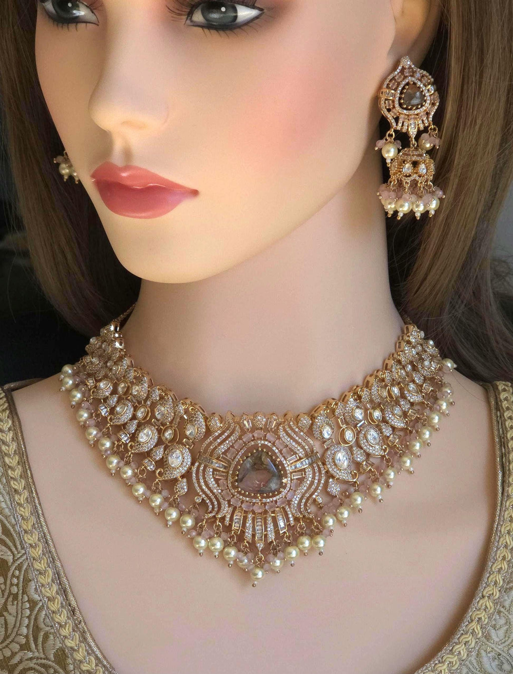 Peach Kundan Polki Bridal Choker Set, Indian Wedding Jewelry, Statement Lehenga Necklace, Pakistani Nikkah Reception Jewelry Set Maang Tikka