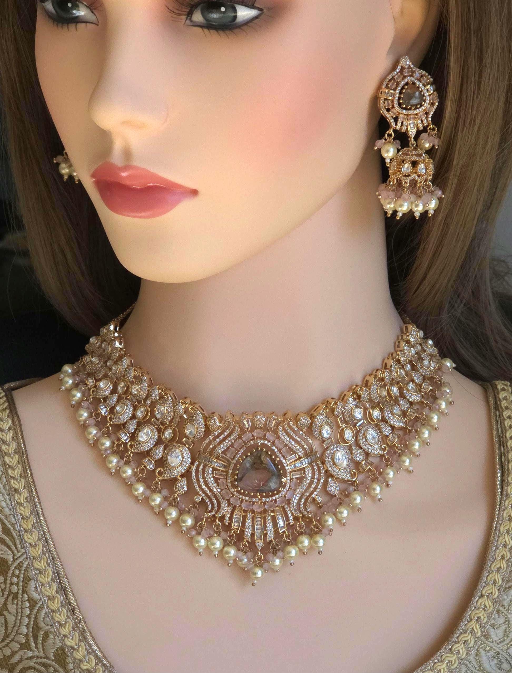 Peach Kundan Polki Bridal Choker Set, Indian Wedding Jewelry, Statement Lehenga Necklace, Pakistani Nikkah Reception Jewelry Set Maang Tikka