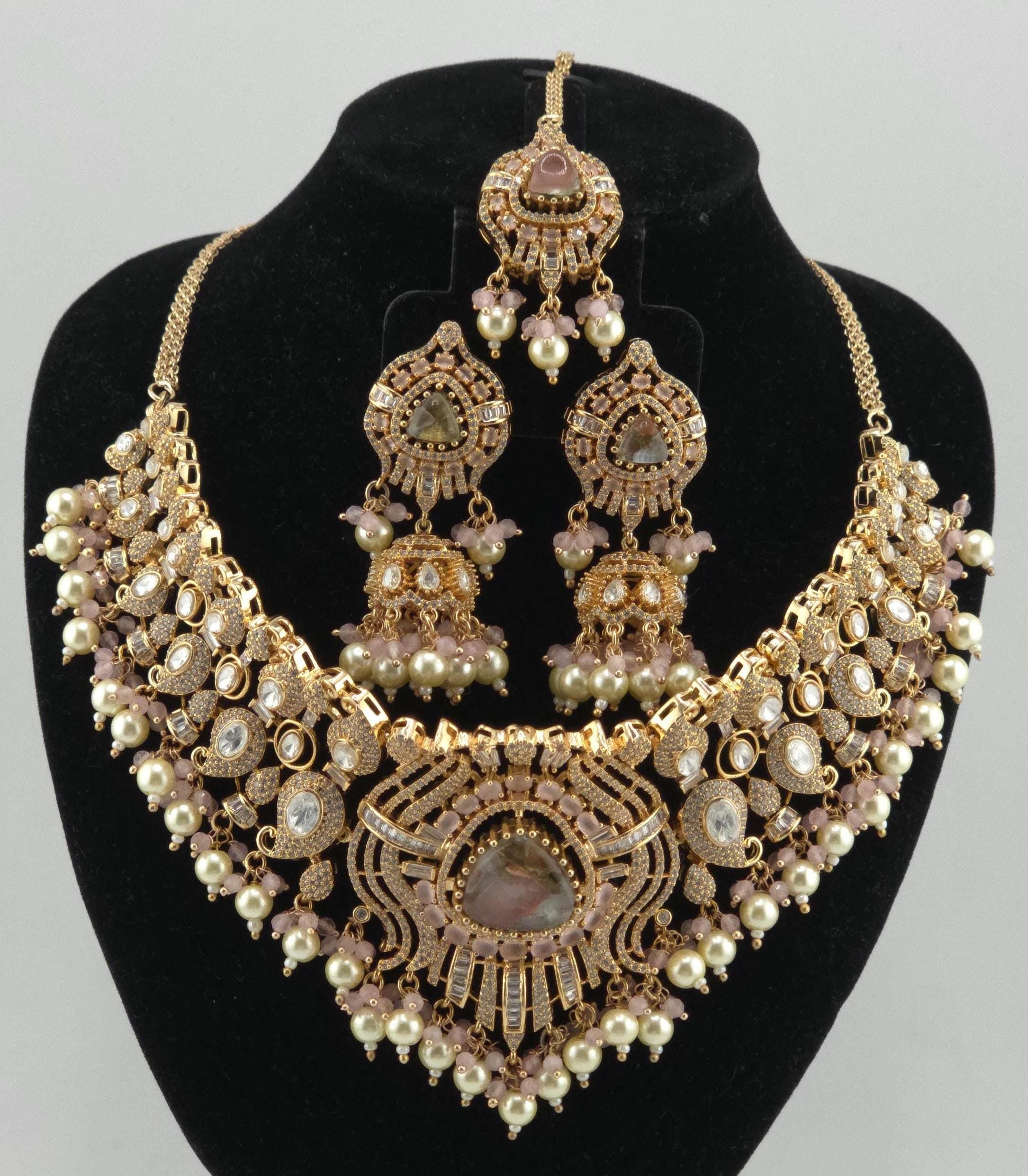 Peach Kundan Polki Bridal Choker Set, Indian Wedding Jewelry, Statement Lehenga Necklace, Pakistani Nikkah Reception Jewelry Set Maang Tikka