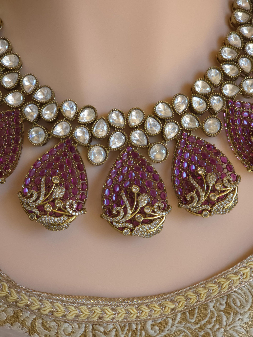 Magenta CZ Polki Bridal Choker Necklace Set, Indian Wedding Jewelry, Statement Bridal Jewelry, Reception Sangeet Mehndi Set Maang Tikka