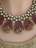 Magenta CZ Polki Bridal Choker Necklace Set, Indian Wedding Jewelry, Statement Bridal Jewelry, Reception Sangeet Mehndi Set Maang Tikka