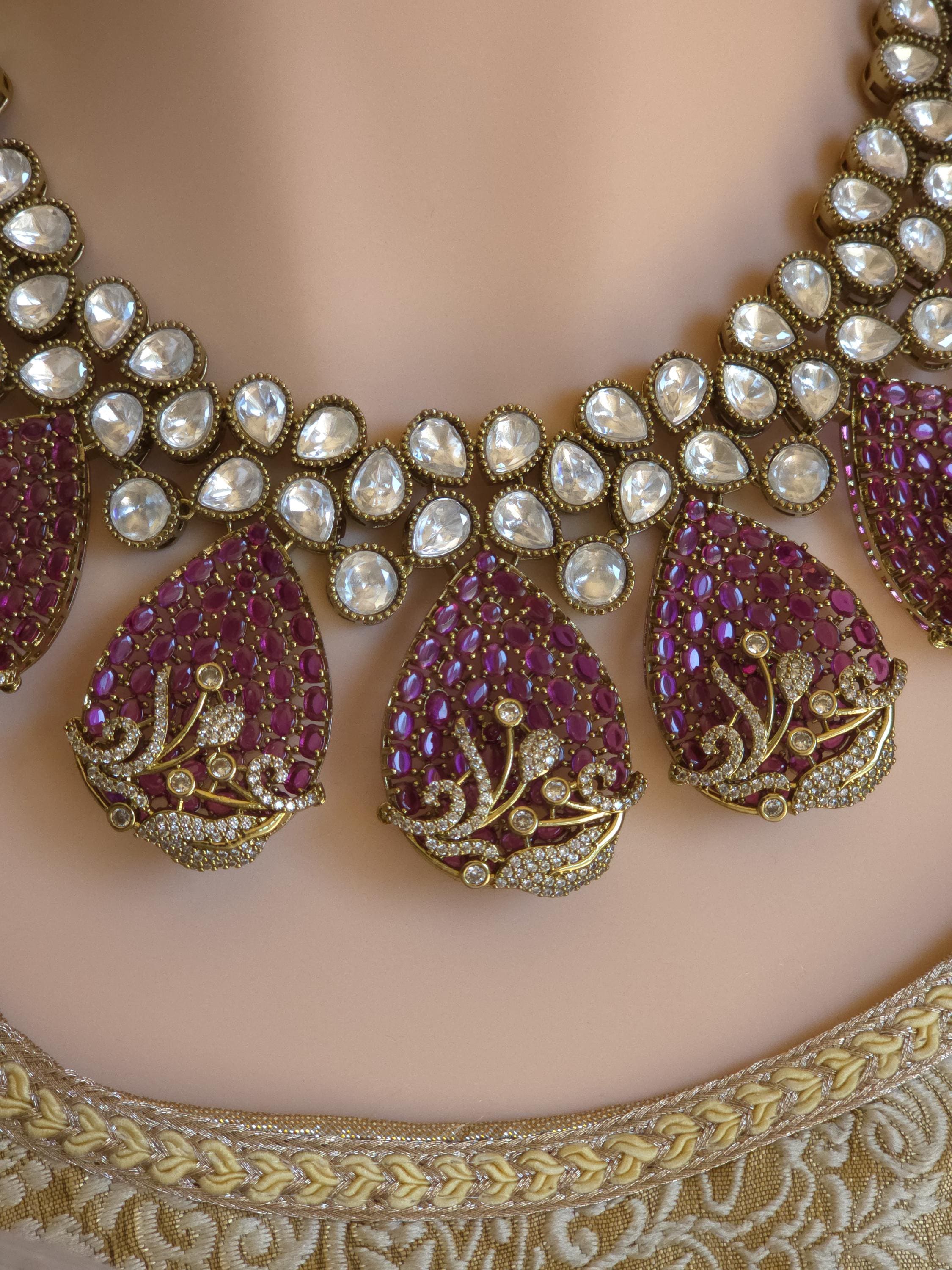 Magenta CZ Polki Bridal Choker Necklace Set, Indian Wedding Jewelry, Statement Bridal Jewelry, Reception Sangeet Mehndi Set Maang Tikka