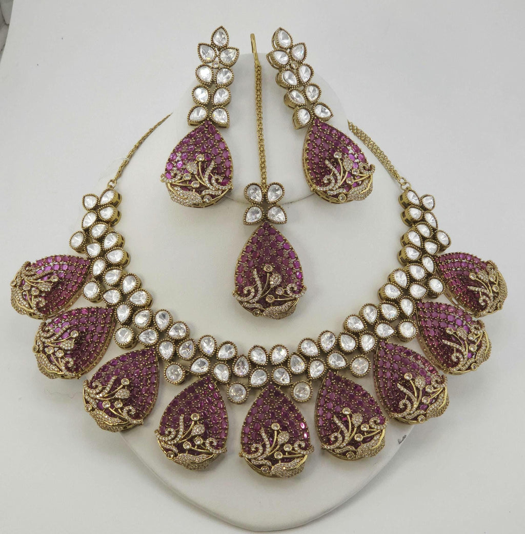 Magenta CZ Polki Bridal Choker Necklace Set, Indian Wedding Jewelry, Statement Bridal Jewelry, Reception Sangeet Mehndi Set Maang Tikka