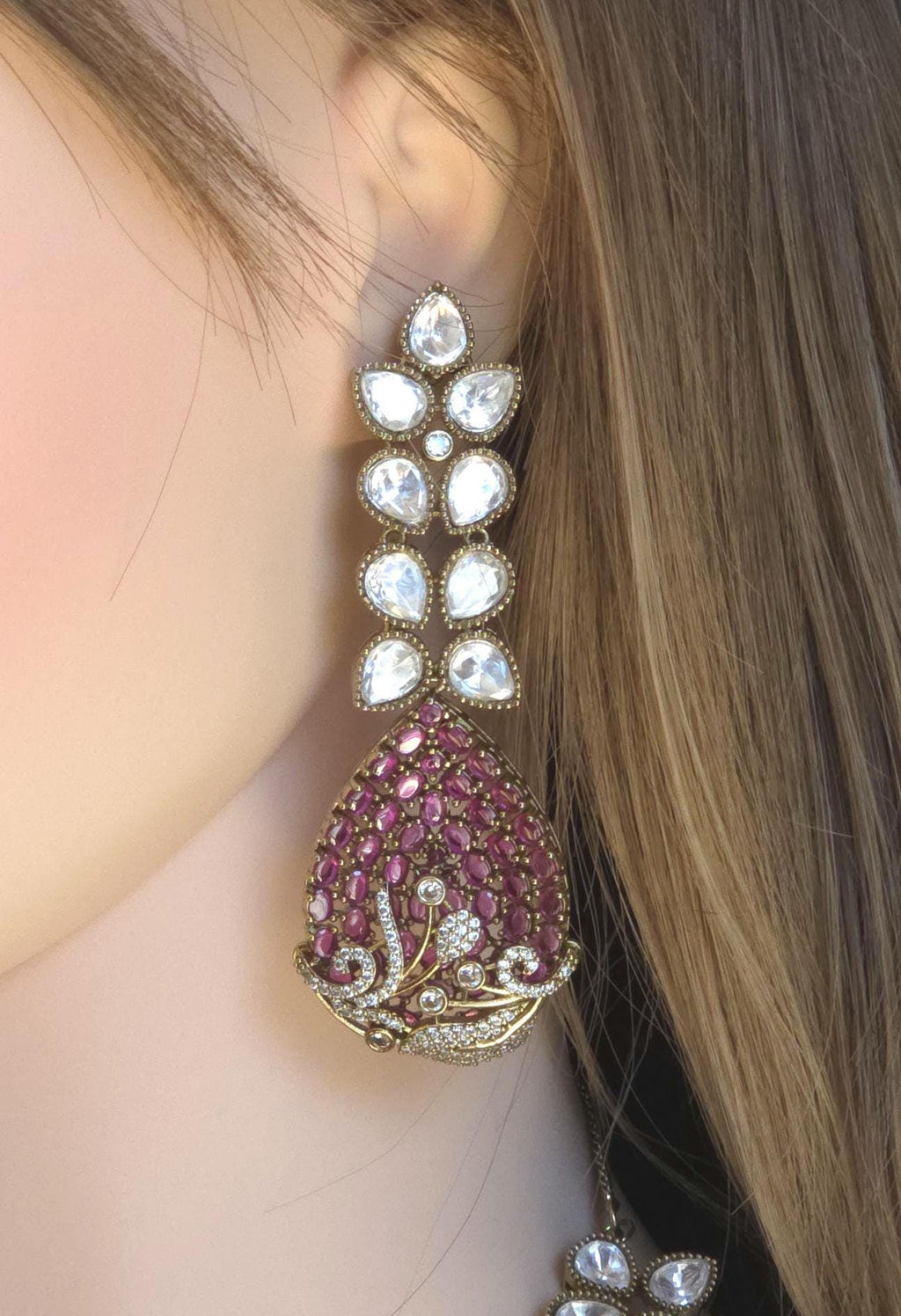 Magenta CZ Polki Bridal Choker Necklace Set, Indian Wedding Jewelry, Statement Bridal Jewelry, Reception Sangeet Mehndi Set Maang Tikka