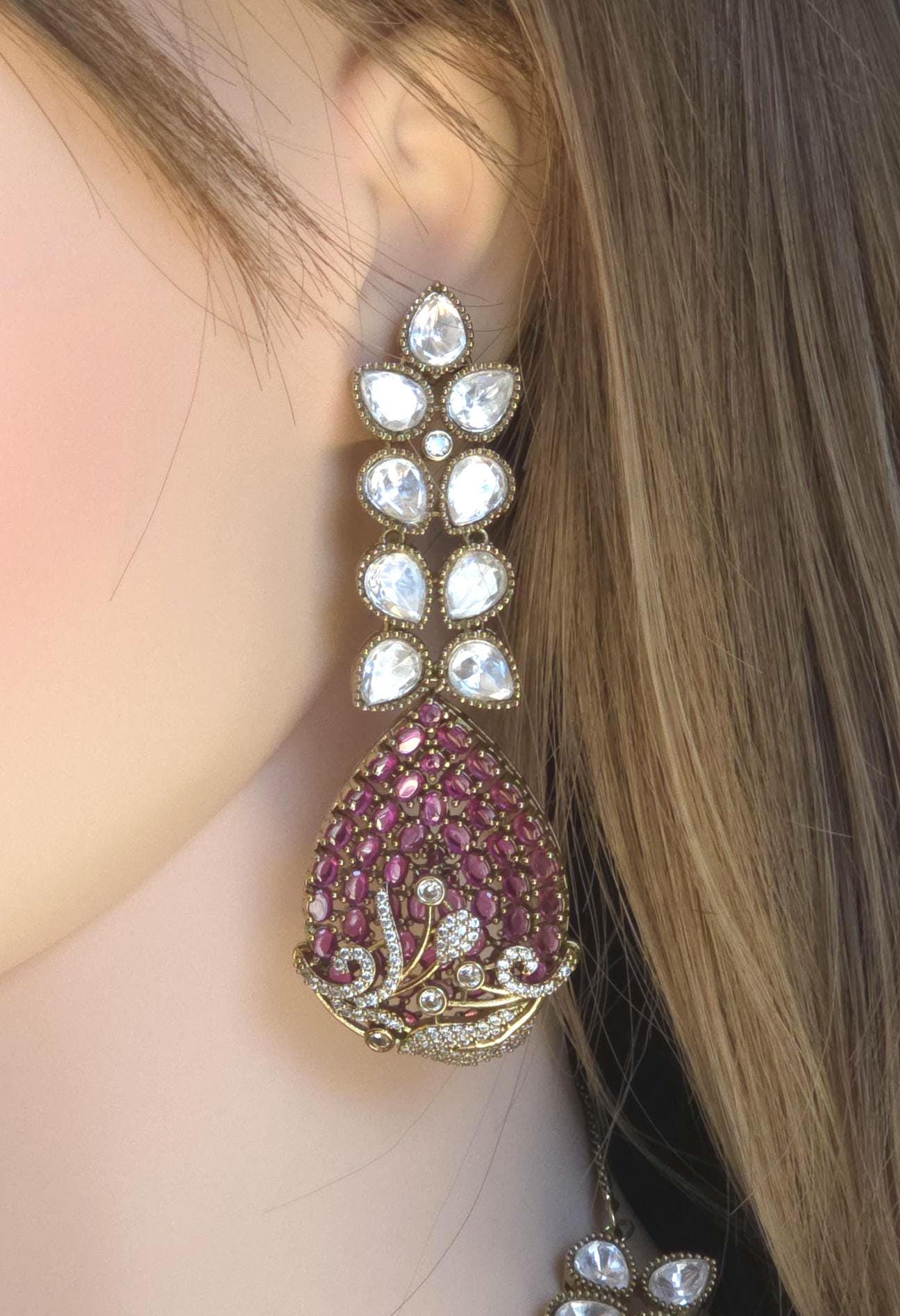 Magenta CZ Polki Bridal Choker Necklace Set, Indian Wedding Jewelry, Statement Bridal Jewelry, Reception Sangeet Mehndi Set Maang Tikka