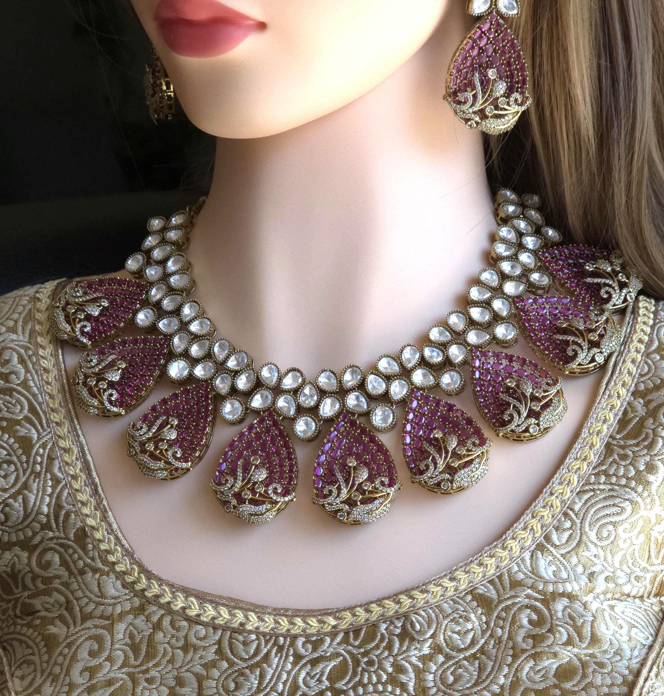 Magenta CZ Polki Bridal Choker Necklace Set, Indian Wedding Jewelry, Statement Bridal Jewelry, Reception Sangeet Mehndi Set Maang Tikka