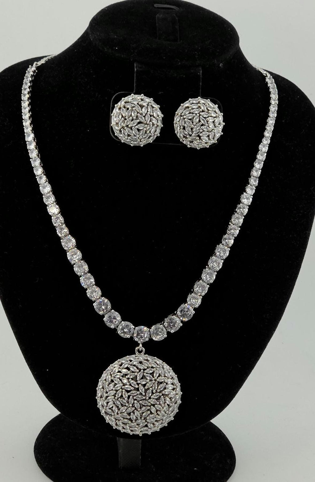 CZ Tennis Necklace Set with Statement Earrings, Silver or Rose Gold Jewelry Set, Modern Bridal Necklace, Wedding Reception Jewelry