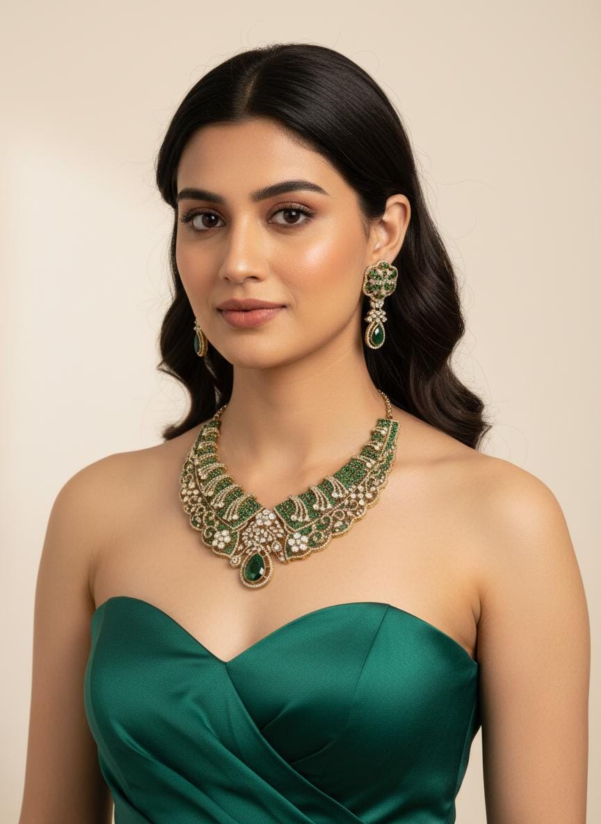Emerald Green Kundan Bridal Choker Set, Indian Wedding Jewelry, Statement Lehenga Necklace, Pakistani Nikkah Reception Set