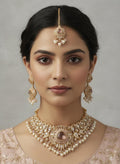Peach Kundan Polki Bridal Choker Set, Indian Wedding Jewelry, Statement Lehenga Necklace, Pakistani Nikkah Reception Jewelry Set Maang Tikka