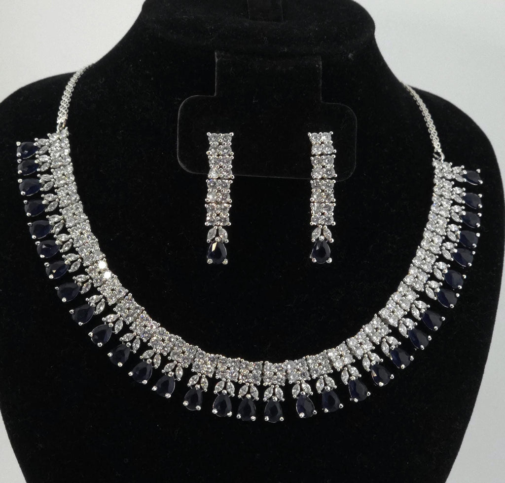 Blue Sapphire CZ Necklace Set, Diamond Look Bridal Jewelry, Silver Statement Necklace Earrings Set, Wedding Reception Jewelry, Evening Prom