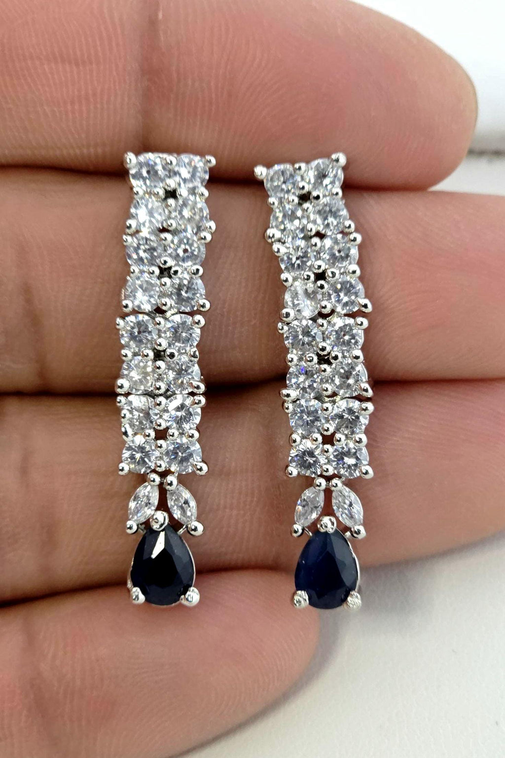Blue Sapphire CZ Necklace Set, Diamond Look Bridal Jewelry, Silver Statement Necklace Earrings Set, Wedding Reception Jewelry, Evening Prom