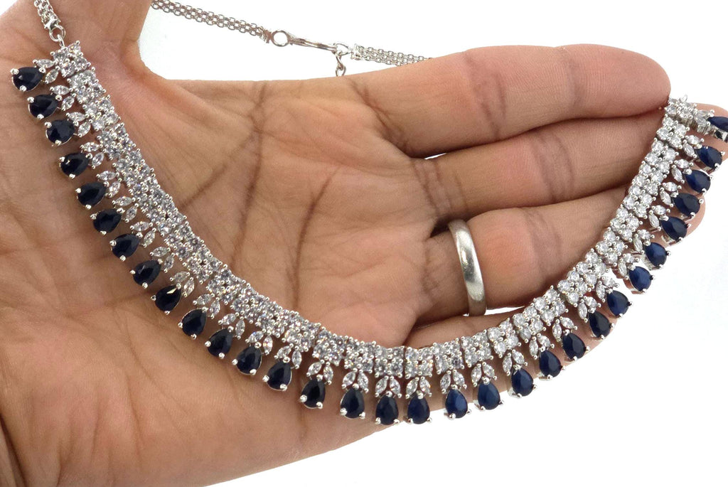 Blue Sapphire CZ Necklace Set, Diamond Look Bridal Jewelry, Silver Statement Necklace Earrings Set, Wedding Reception Jewelry, Evening Prom