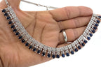 Blue Sapphire CZ Necklace Set, Diamond Look Bridal Jewelry, Silver Statement Necklace Earrings Set, Wedding Reception Jewelry, Evening Prom