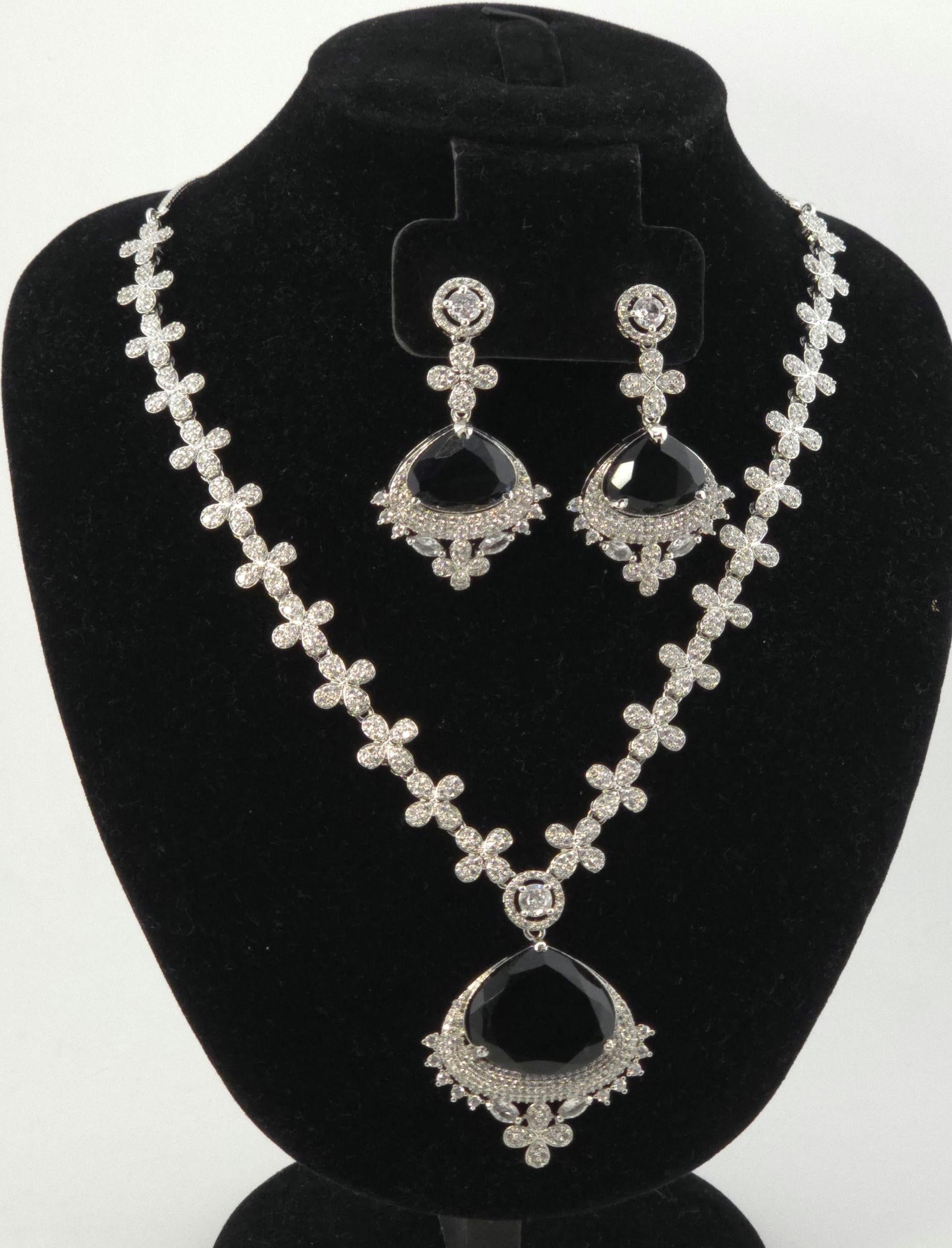 Floral Sapphire Blue CZ Necklace Set Silver Statement Jewelry Neelam