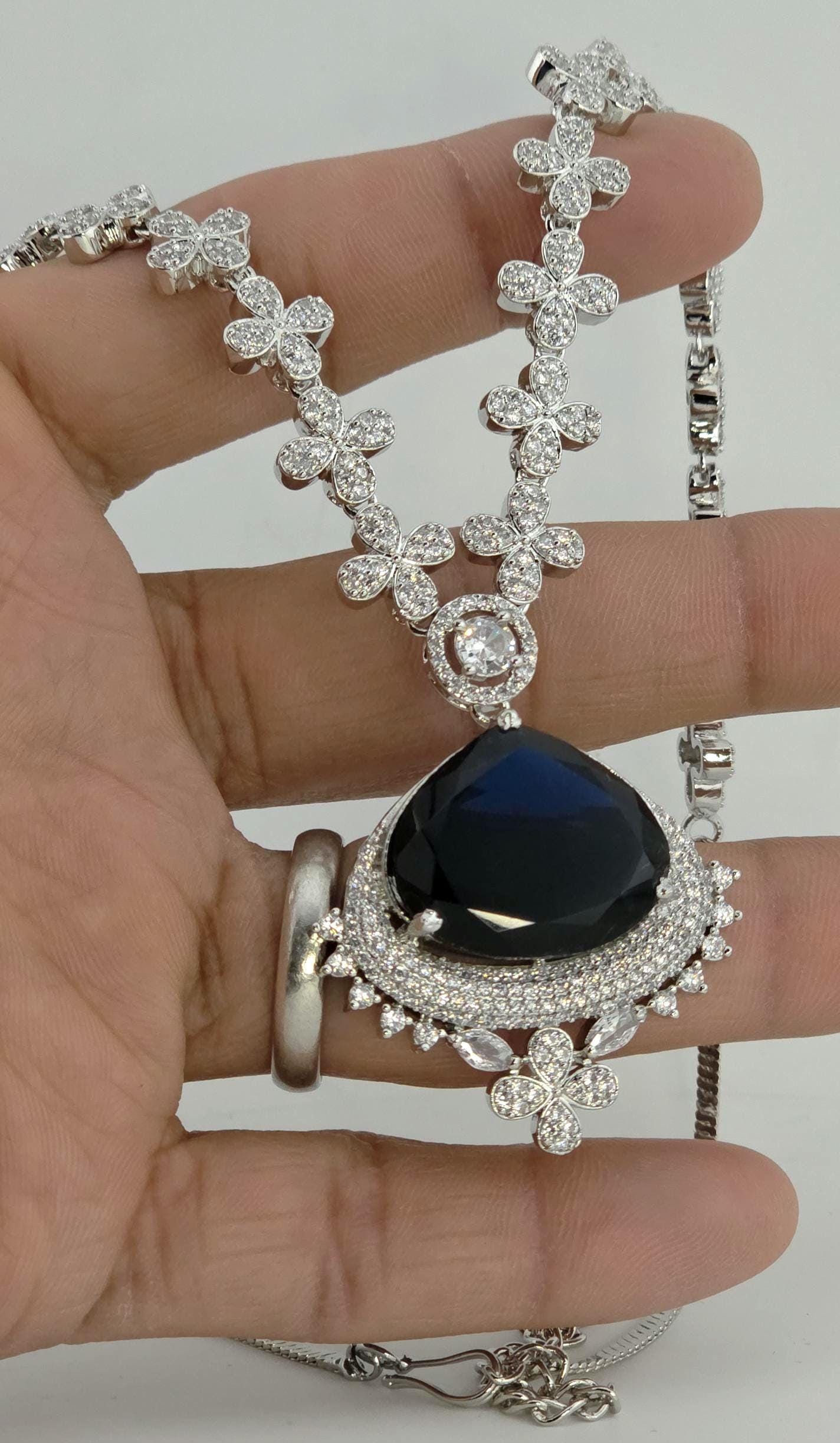 Floral Sapphire Blue CZ Necklace Set Silver Statement Jewelry Neelam
