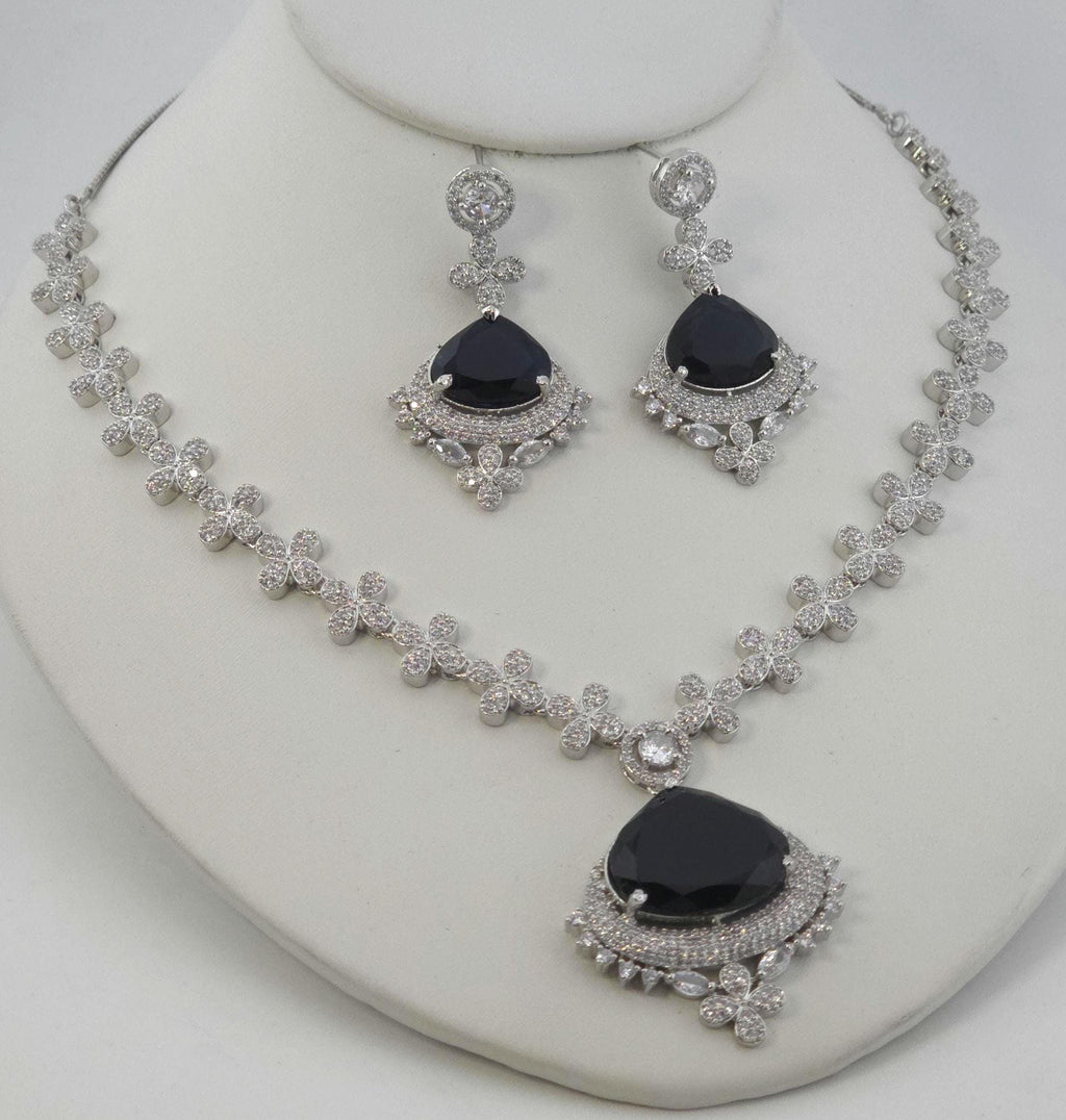 Floral Sapphire Blue CZ Necklace Set Silver Statement Jewelry Neelam