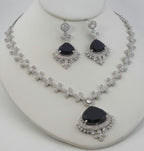 Floral Sapphire Blue CZ Necklace Set Silver Statement Jewelry Neelam