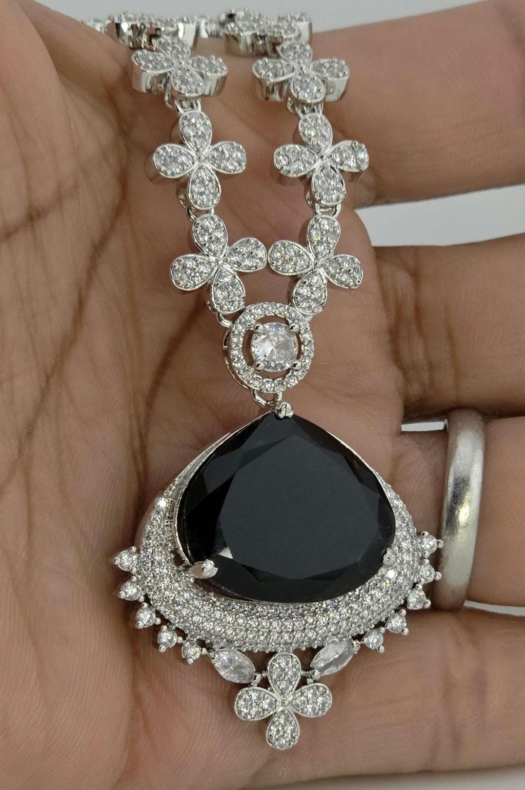 Floral Sapphire Blue CZ Necklace Set Silver Statement Jewelry Neelam