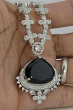 Floral Sapphire Blue CZ Necklace Set Silver Statement Jewelry Neelam