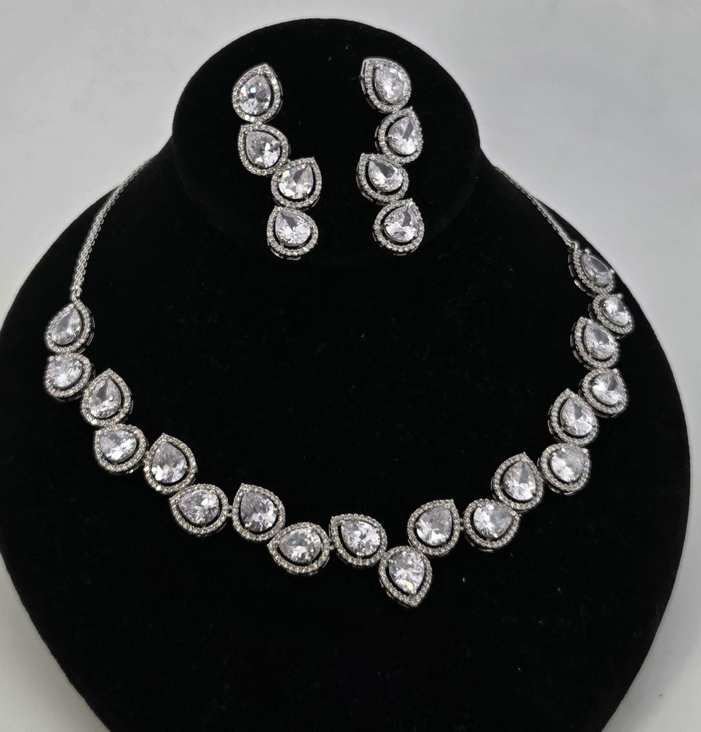 Pear Cut CZ Necklace Set Silver, Teardrop Bridal Jewelry, Elegant Wedding Guest Necklace, Prom Evening Jewelry Set