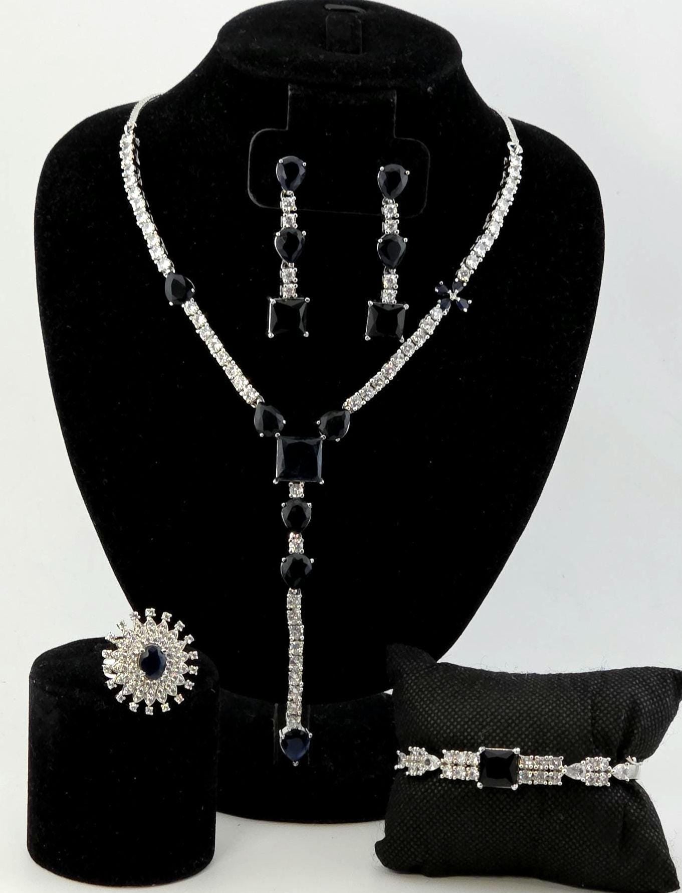 Pink / Ruby / Midnight Blue CZ Jewelry Set – Bridal Necklace Set with Long Earrings, Adjustable Ring & Bracelet, Wedding Reception Jewelry
