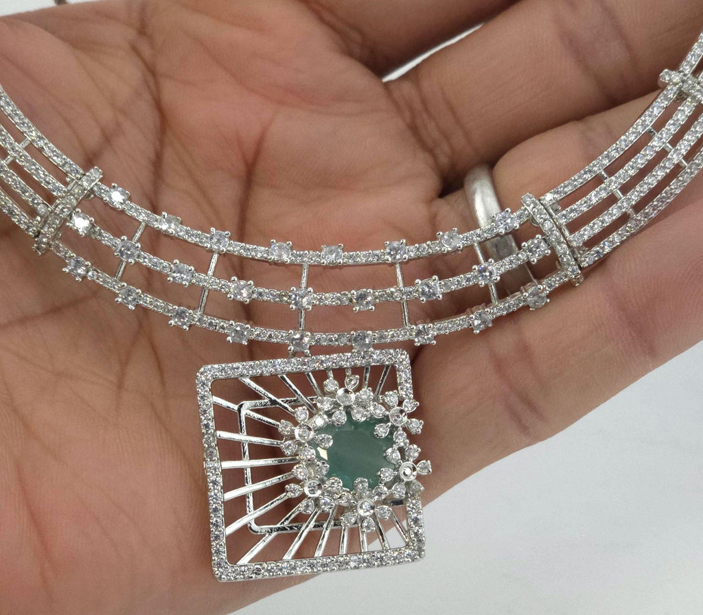 Mint Green CZ Geometric Necklace Set Modern Bridal Statement Jewelry Maya
