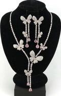 Butterfly CZ Y Necklace Set – Pink Drop Statement Jewelry with Long Earrings, Romantic Bridal Jewelry, Reception Sangeet Party Jewelry Set